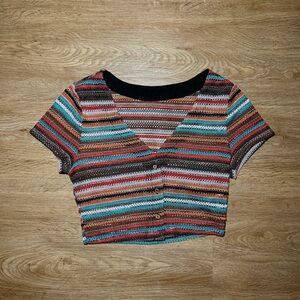 SHEIN Multicolor Striped V-Neck Button-Up Blouse